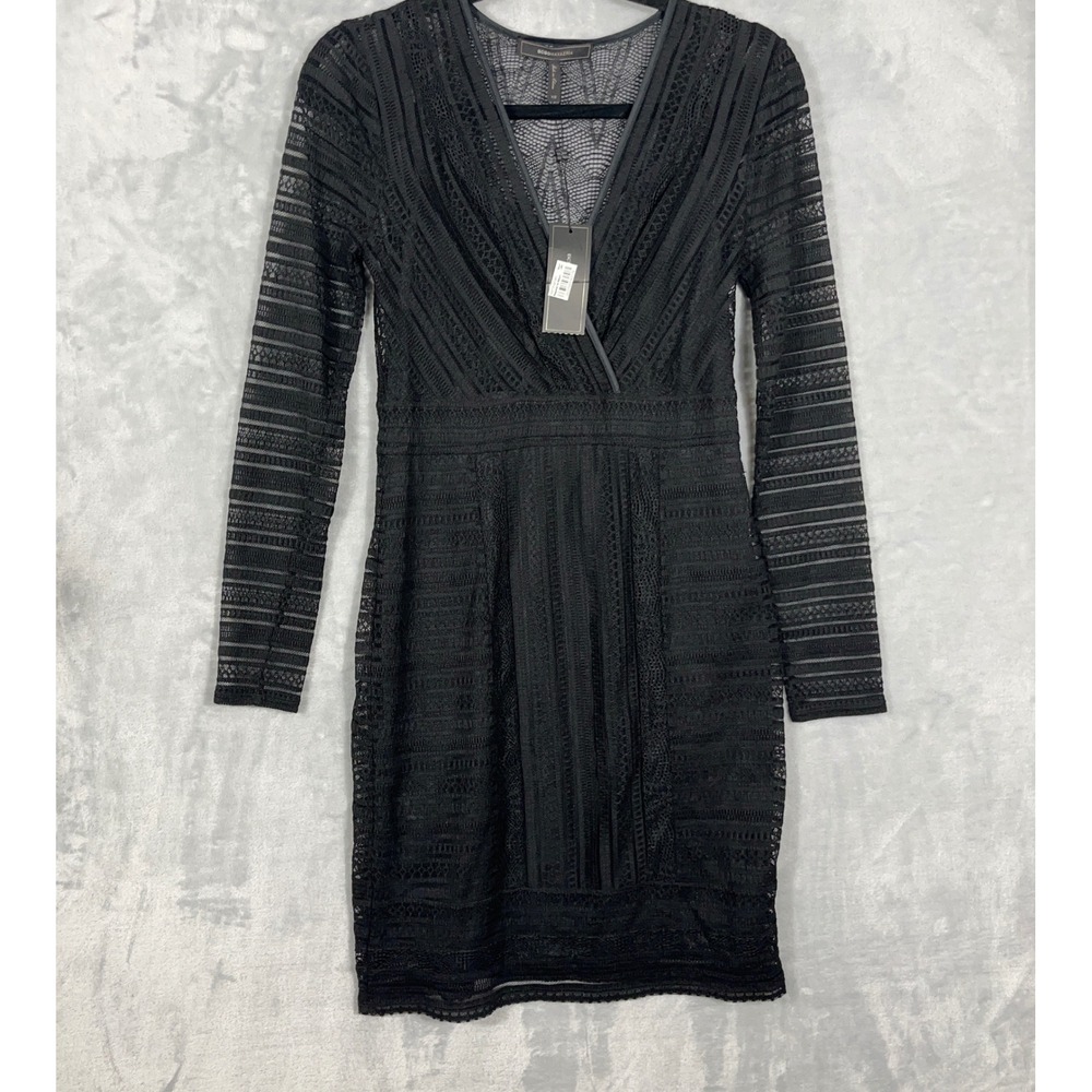 BCBGMAXAZRIA Womens XS Black Geometric Lace Long Sleeve V-Neck Midi Dress NWT